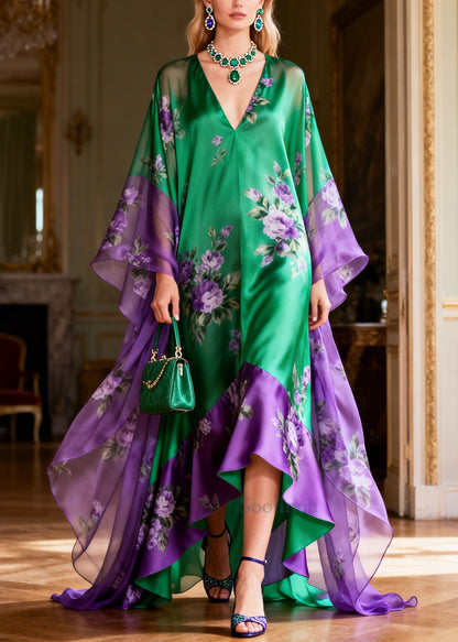 Boutique Green Oversized Patchwork Exra Large Hem Silk Dress Summer