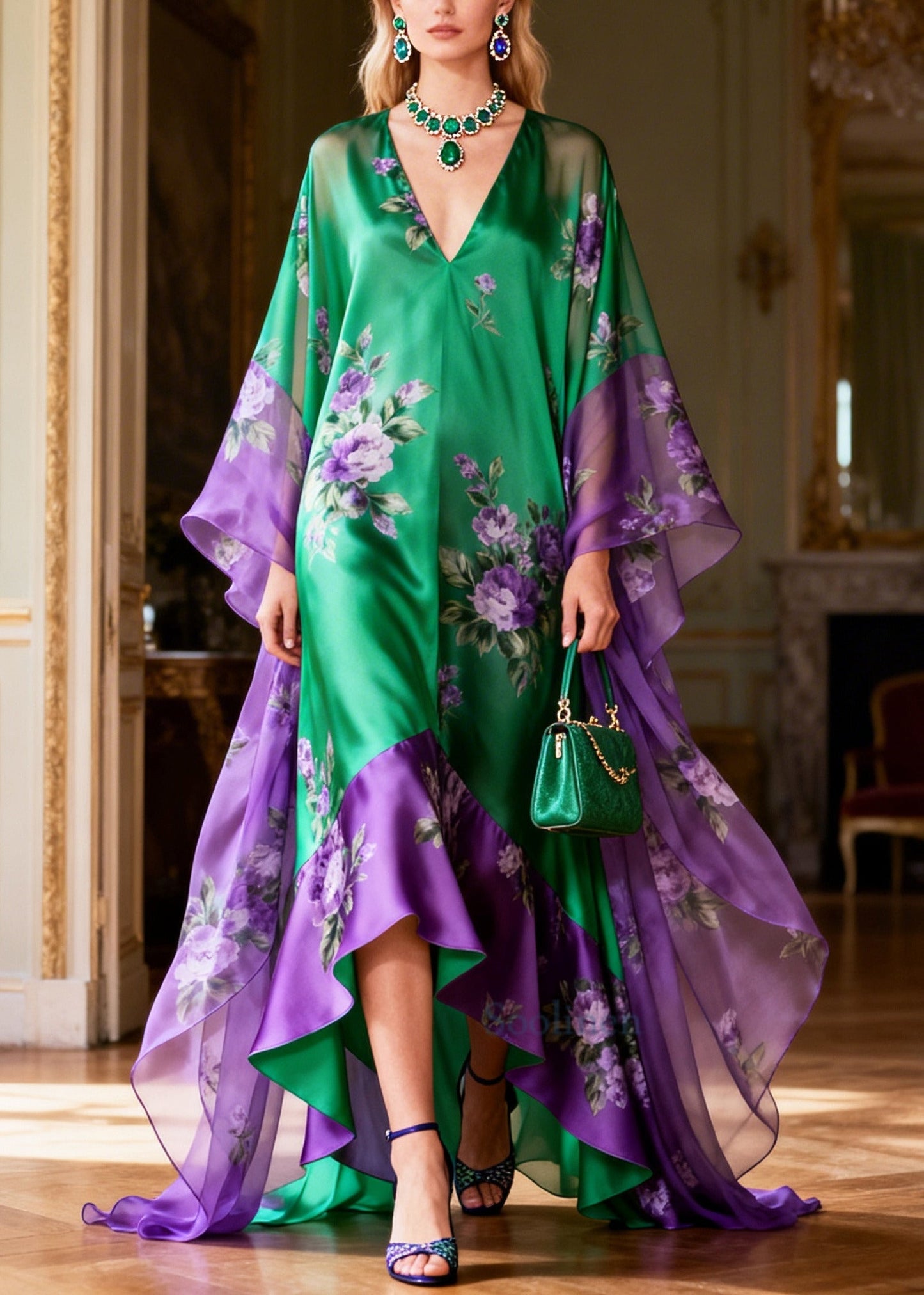 Boutique Green Oversized Patchwork Exra Large Hem Silk Dress Summer