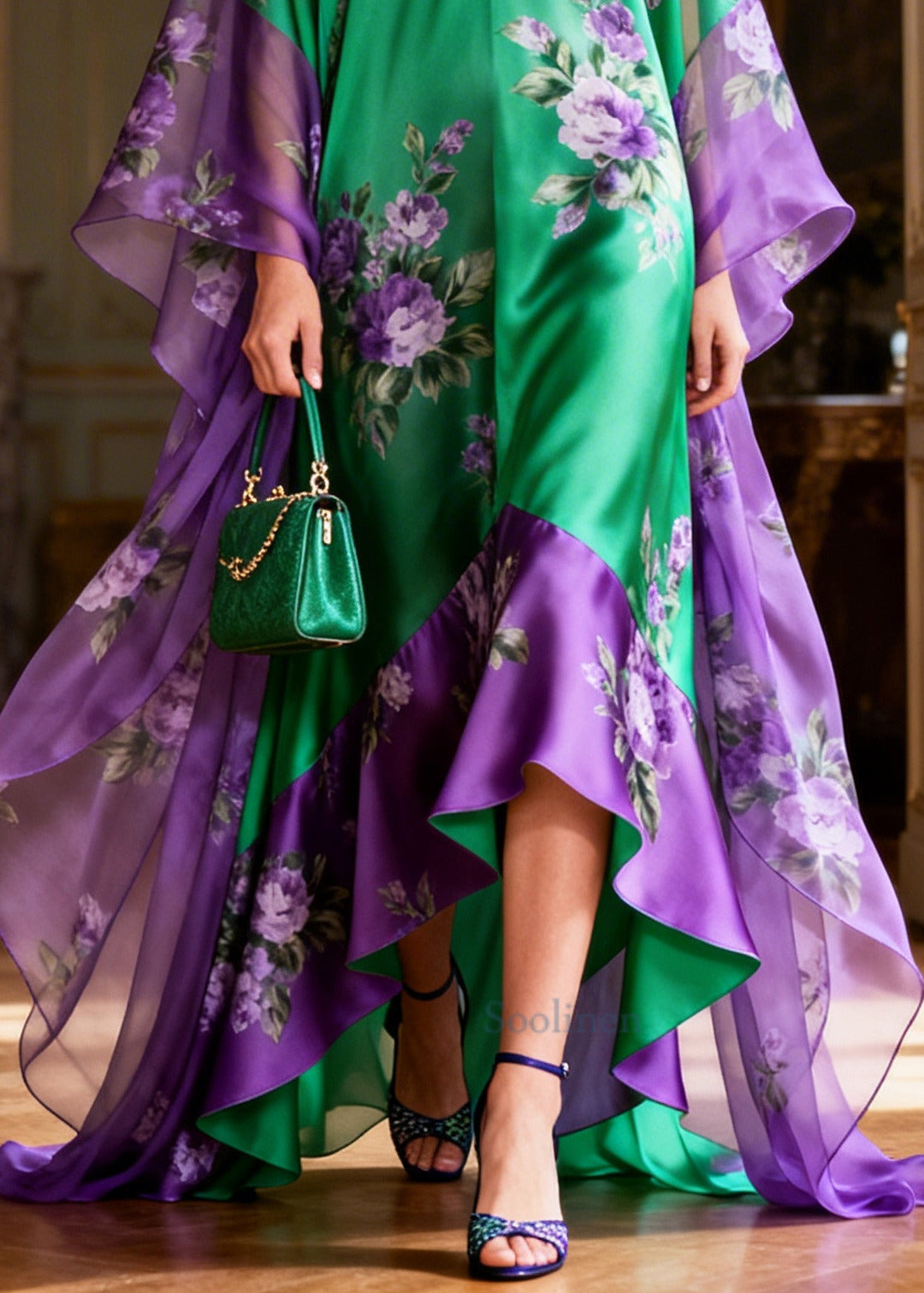 Boutique Green Oversized Patchwork Exra Large Hem Silk Dress Summer
