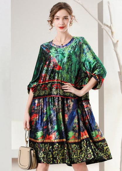 Boutique Green Oversized Print Silk Velour Dress Bracelet Sleeve