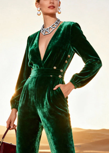 Boutique Green Patchwork Tunic Silk Velvet Jumpsuits Spring