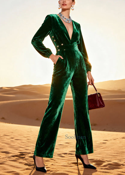 Boutique Green Patchwork Tunic Silk Velvet Jumpsuits Spring