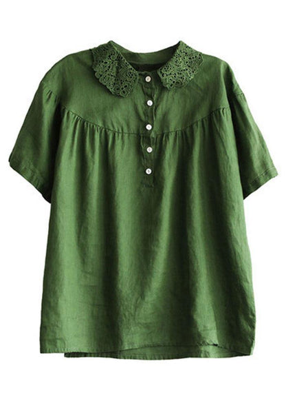 Boutique Green Peter Pan Collar Button Linen Summer Shirt Tops - SooLinen