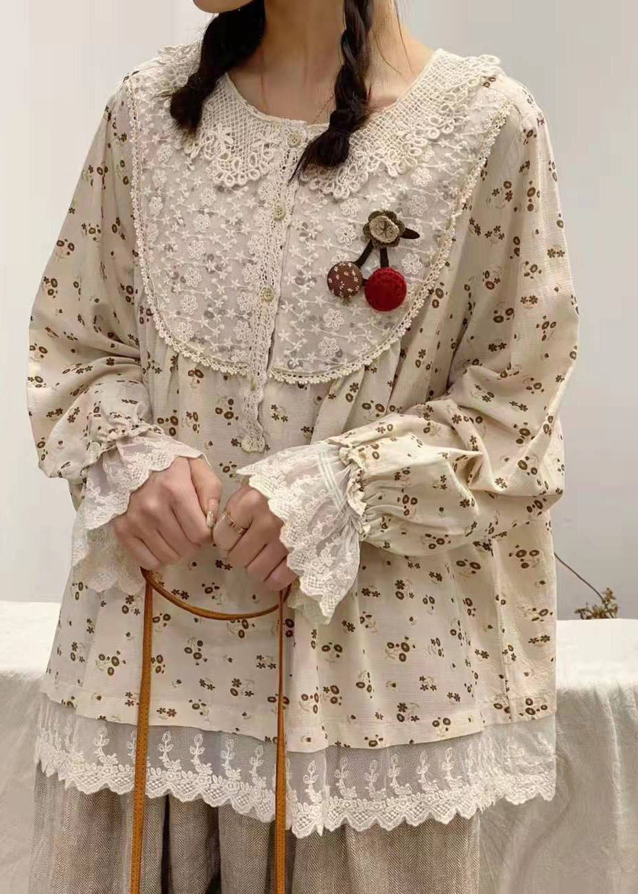 Boutique Grün Peter Pan Kragen Print Tops Frühling