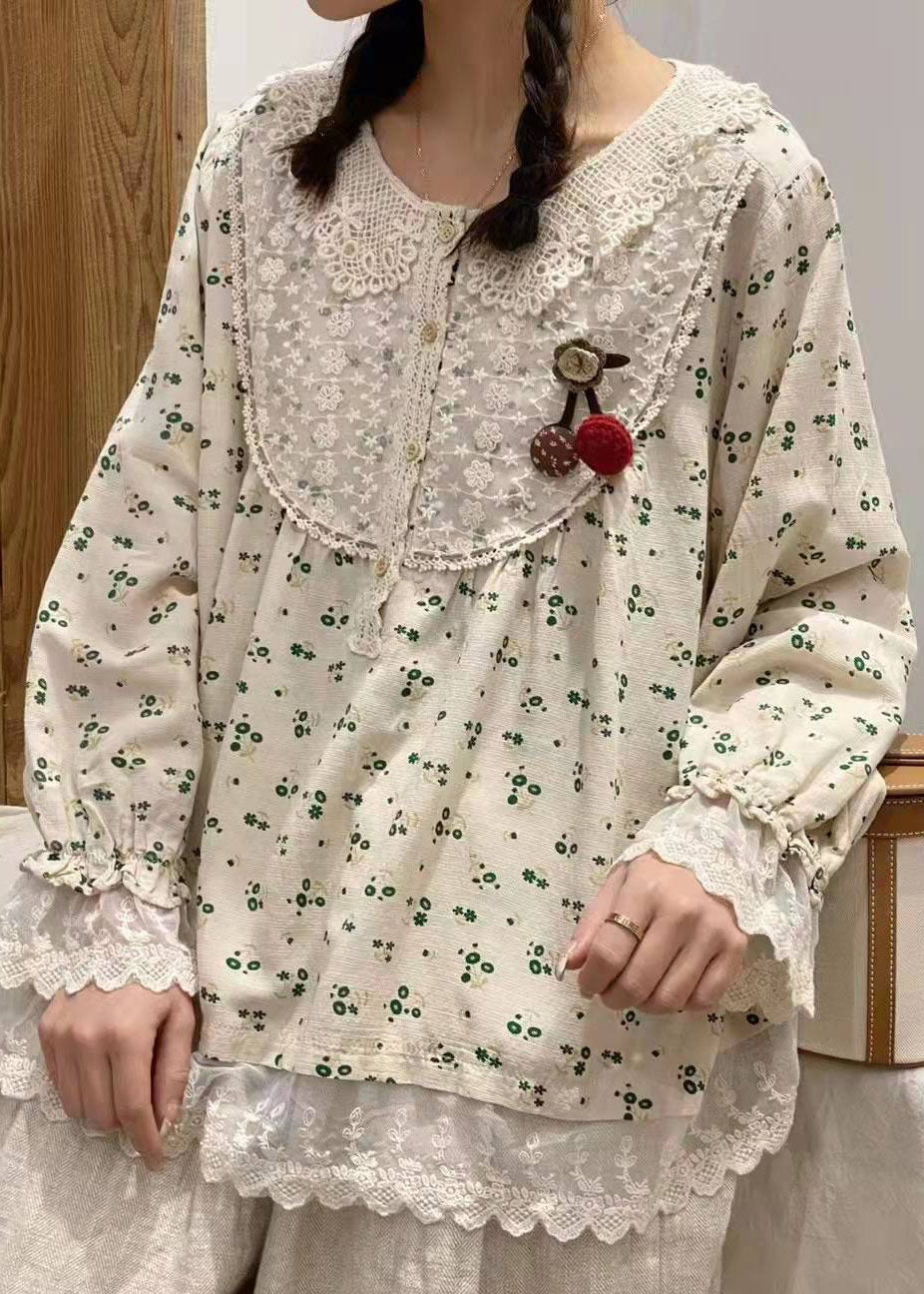 Boutique Grün Peter Pan Kragen Print Tops Frühling