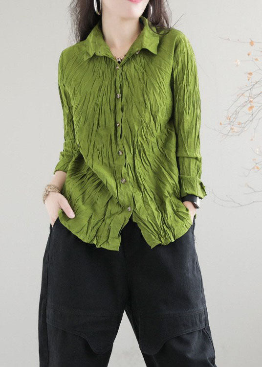 Camisa de algodón con cuello Peter Pan y diseño de patchwork arrugado de color verde boutique para primavera