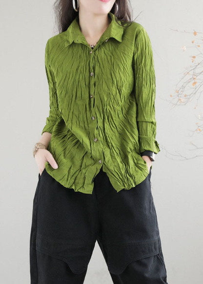 Camisa de algodón con cuello Peter Pan y diseño de patchwork arrugado de color verde boutique para primavera