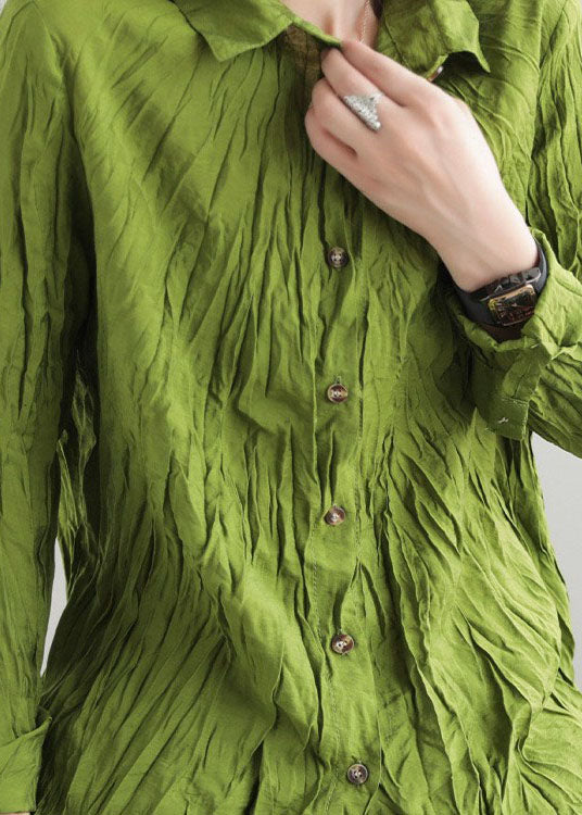 Camisa de algodón con cuello Peter Pan y diseño de patchwork arrugado de color verde boutique para primavera