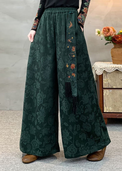 Boutique Grüne Jacquard-Baumwollhose mit Taschen und elastischem Bund für den Herbst