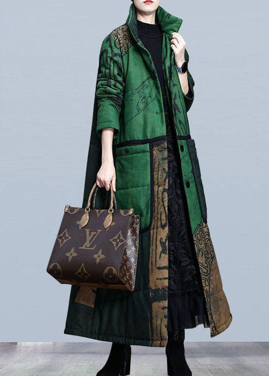 Boutique Grüner Druck Taschen Dicker Baumwoll-Wintermantel mit langen Ärmeln