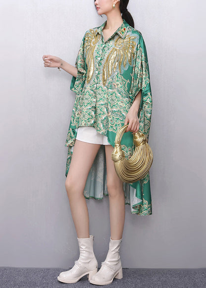 Boutique Green Sequins Print Low High Design Tops Summer