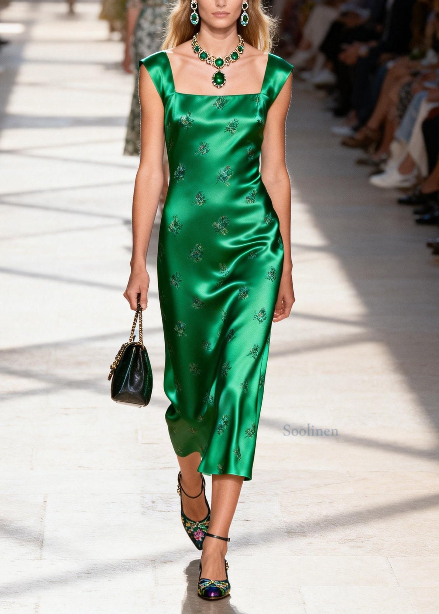 Boutique Green Square Collar Jacquard Silk Long Dresses Summer