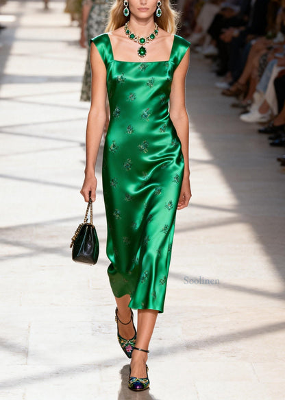 Boutique Green Square Collar Jacquard Silk Long Dresses Summer