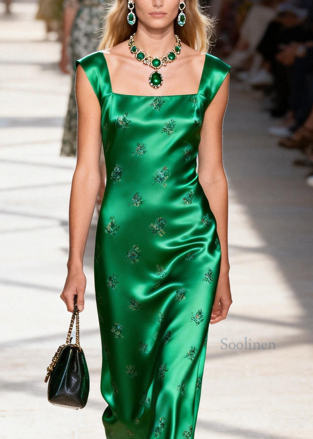 Boutique Green Square Collar Jacquard Silk Long Dresses Summer