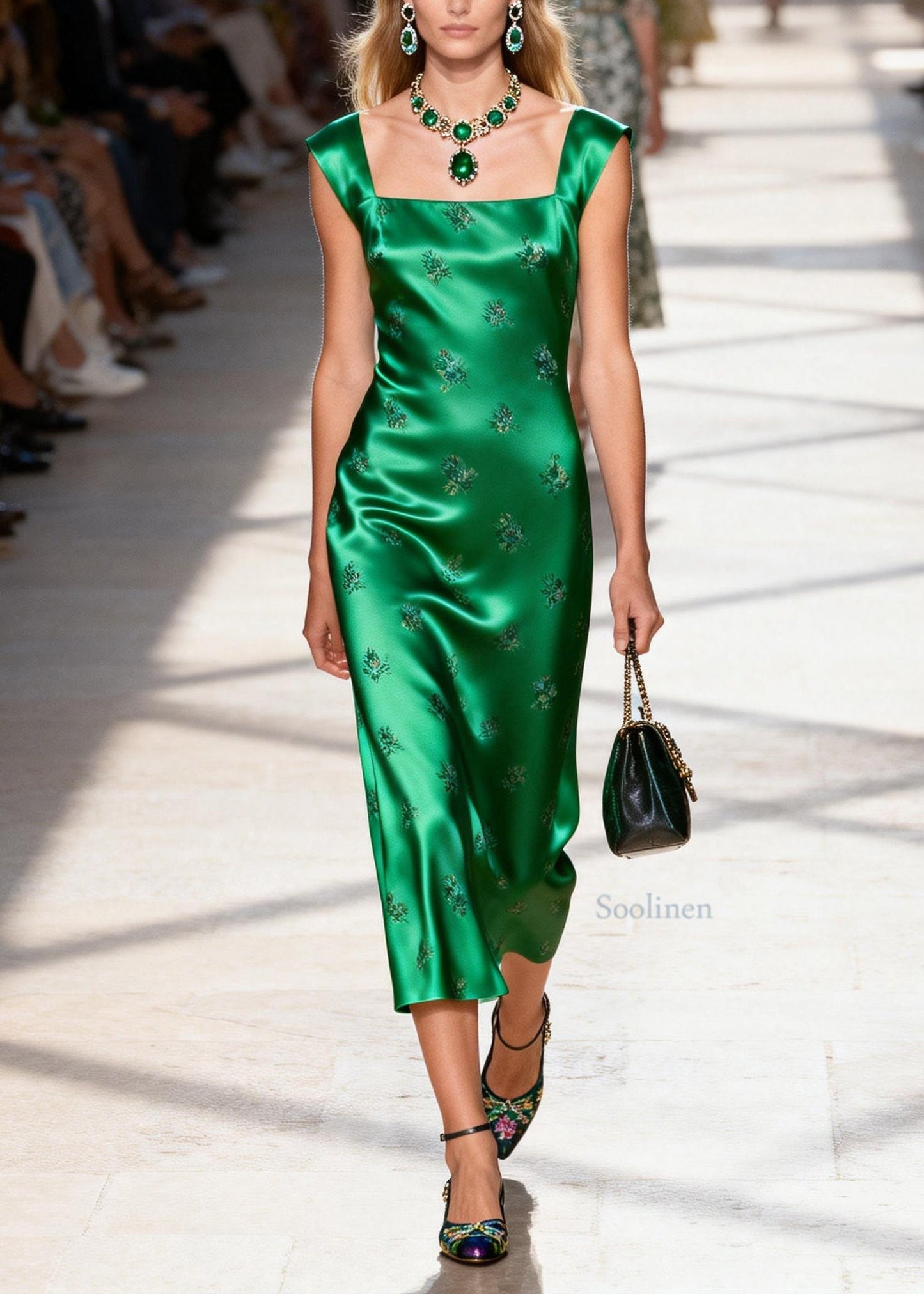 Boutique Green Square Collar Jacquard Silk Long Dresses Summer