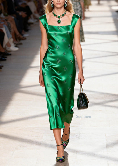 Boutique Green Square Collar Jacquard Silk Long Dresses Summer