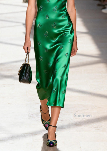 Boutique Green Square Collar Jacquard Silk Long Dresses Summer