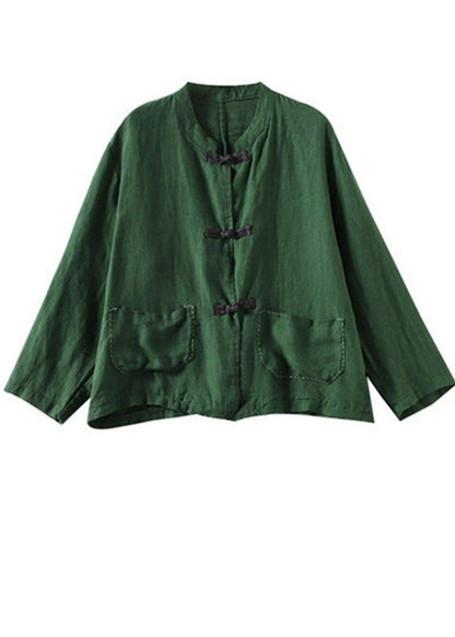 Boutique Green Stand Collar Embroideried Patchwork Linen Coat - SooLinen