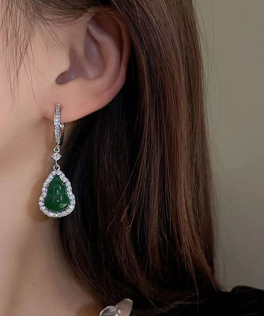 Boutique Grün Sterling Silber Intarsien Zirkon Jade Kürbis Tropfen Ohrringe