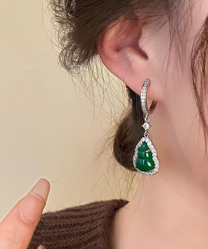 Boutique Grün Sterling Silber Intarsien Zirkon Jade Kürbis Tropfen Ohrringe