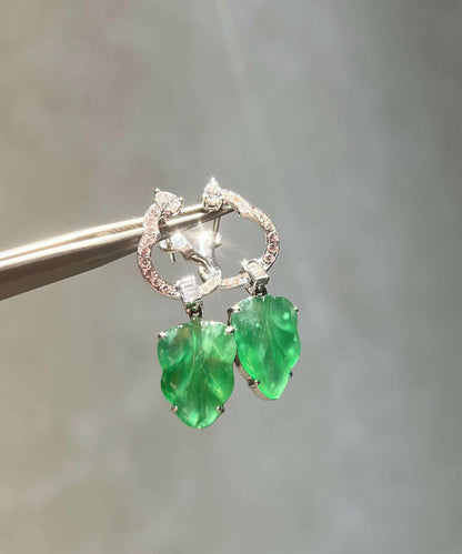 Boutique Green Sterling Silver Inlaid Zircon Jade Leaf Drop Earrings