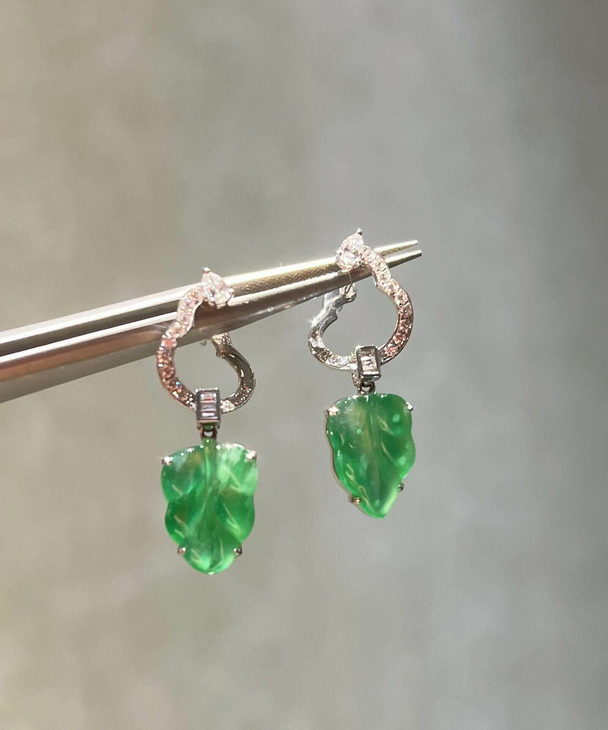 Boutique Green Sterling Silver Inlaid Zircon Jade Leaf Drop Earrings