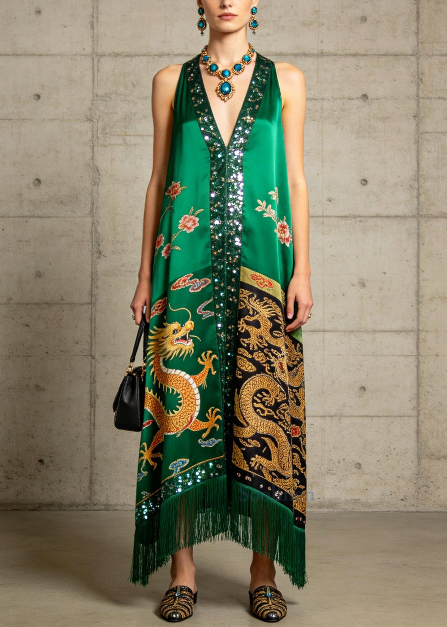 Boutique Green Tasseled Sequins Silk Ankle Dress Summer