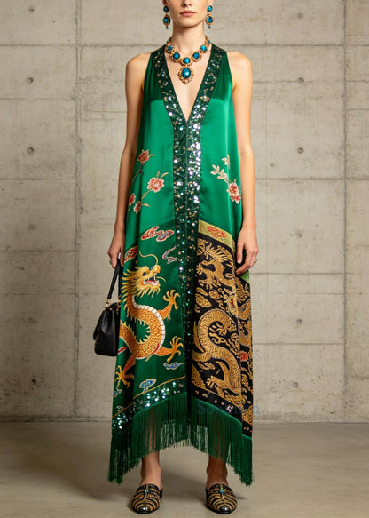 Boutique Green Tasseled Sequins Silk Ankle Dress Summer