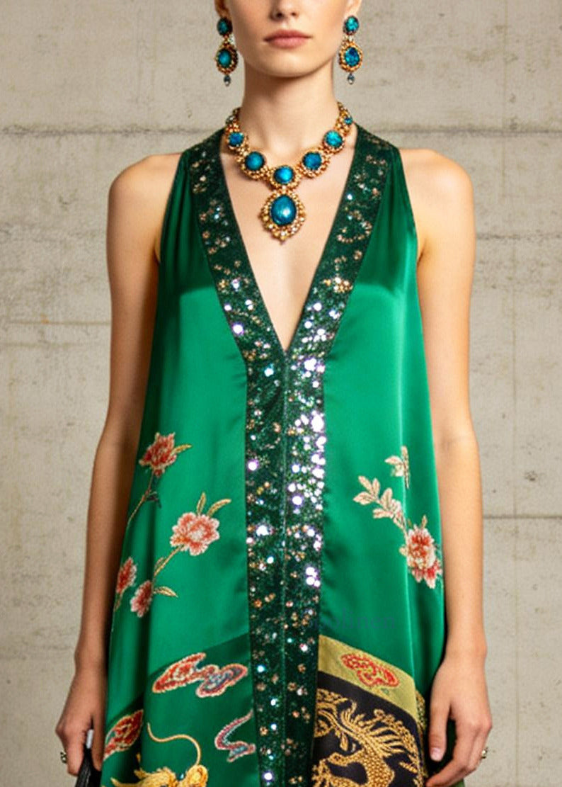 Boutique Green Tasseled Sequins Silk Ankle Dress Summer