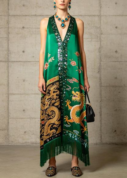 Boutique Green Tasseled Sequins Silk Ankle Dress Summer