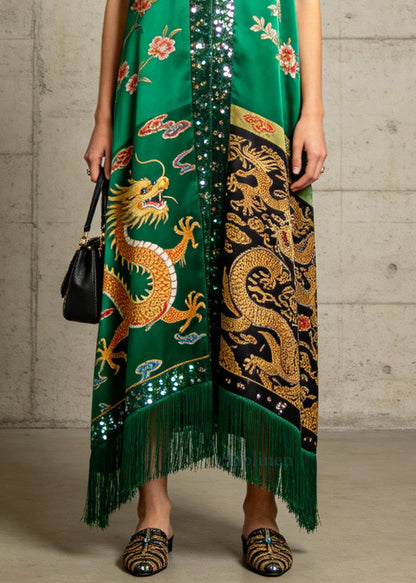 Boutique Green Tasseled Sequins Silk Ankle Dress Summer