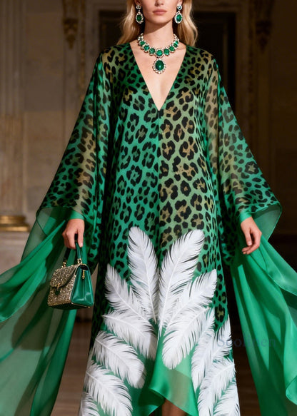 Boutique Green V Neck Leopard Feather Print Chiffon Maxi Dresses Summer