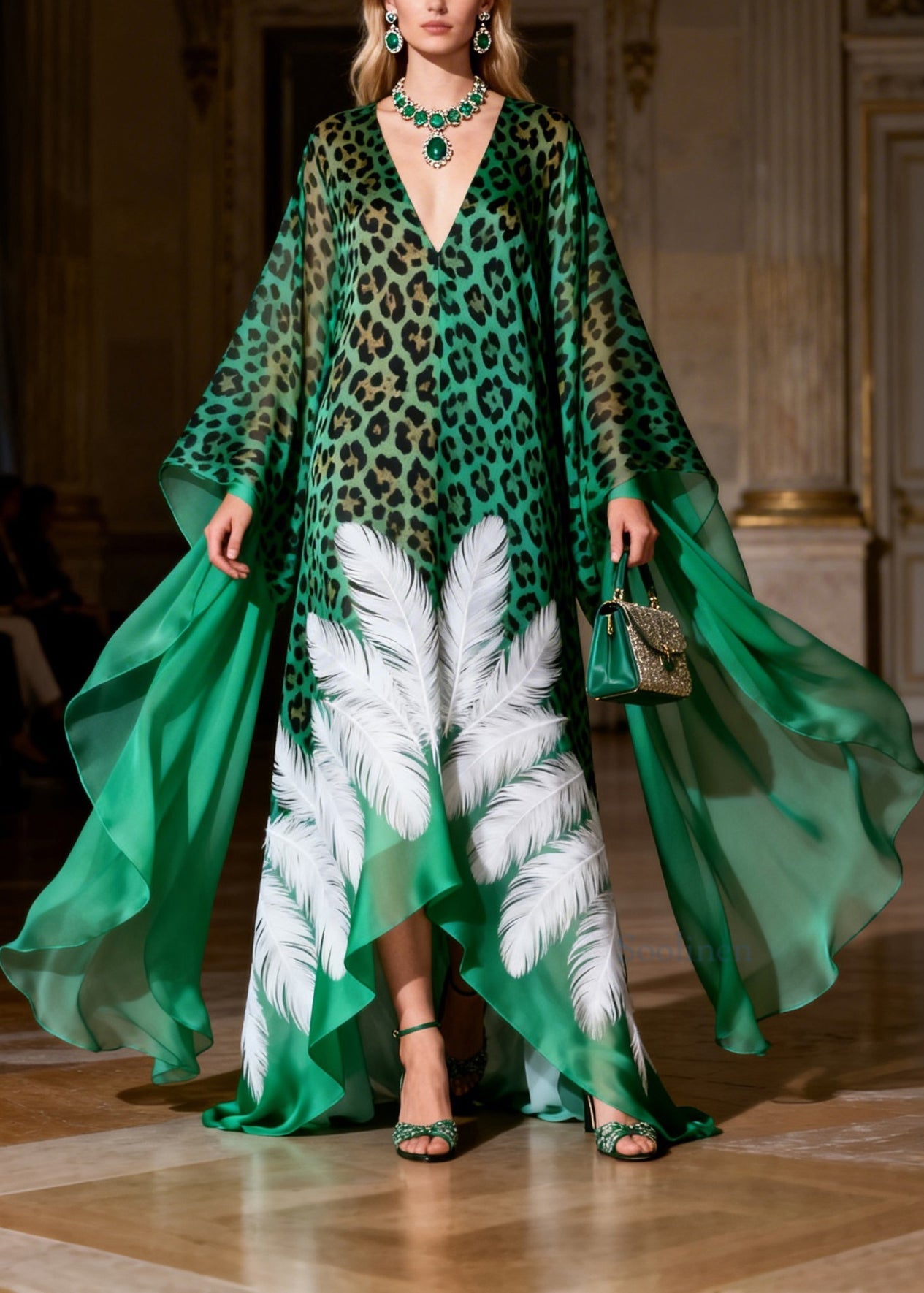 Boutique Green V Neck Leopard Feather Print Chiffon Maxi Dresses Summer