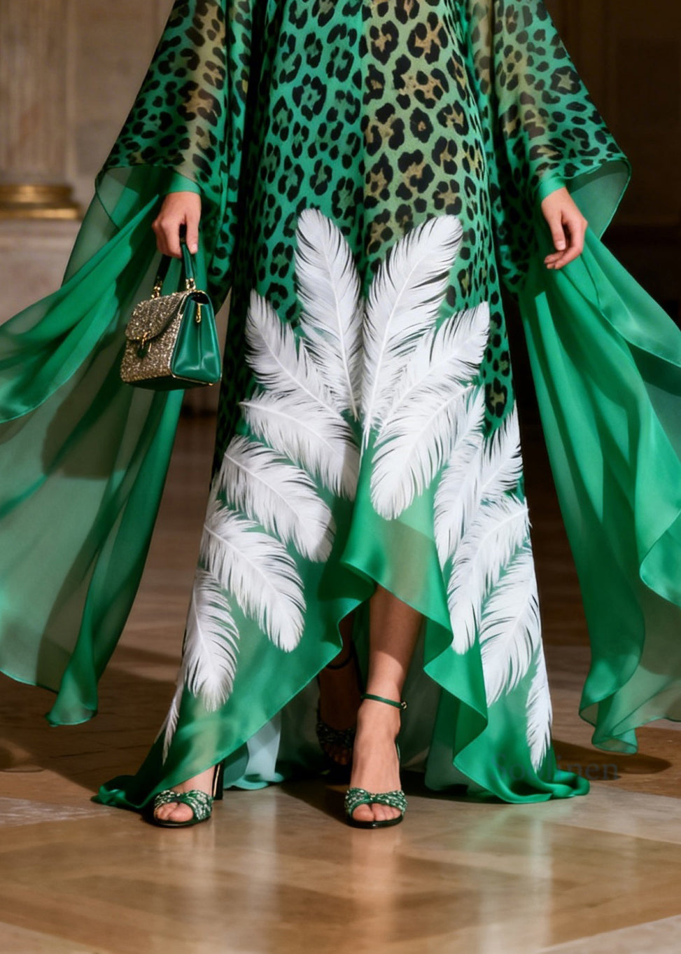 Boutique Green V Neck Leopard Feather Print Chiffon Maxi Dresses Summer