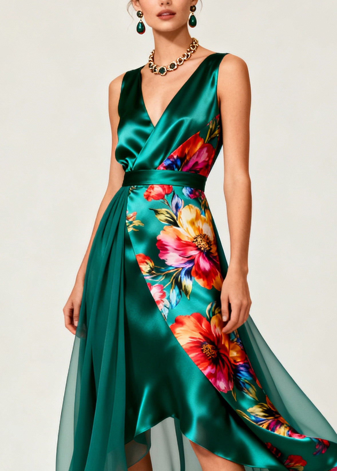 Boutique Green V Neck Print Patchwork Silk Dresses Sleeveless