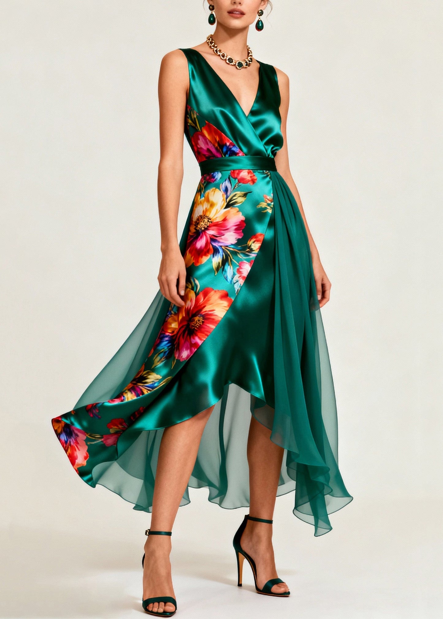 Boutique Green V Neck Print Patchwork Silk Dresses Sleeveless