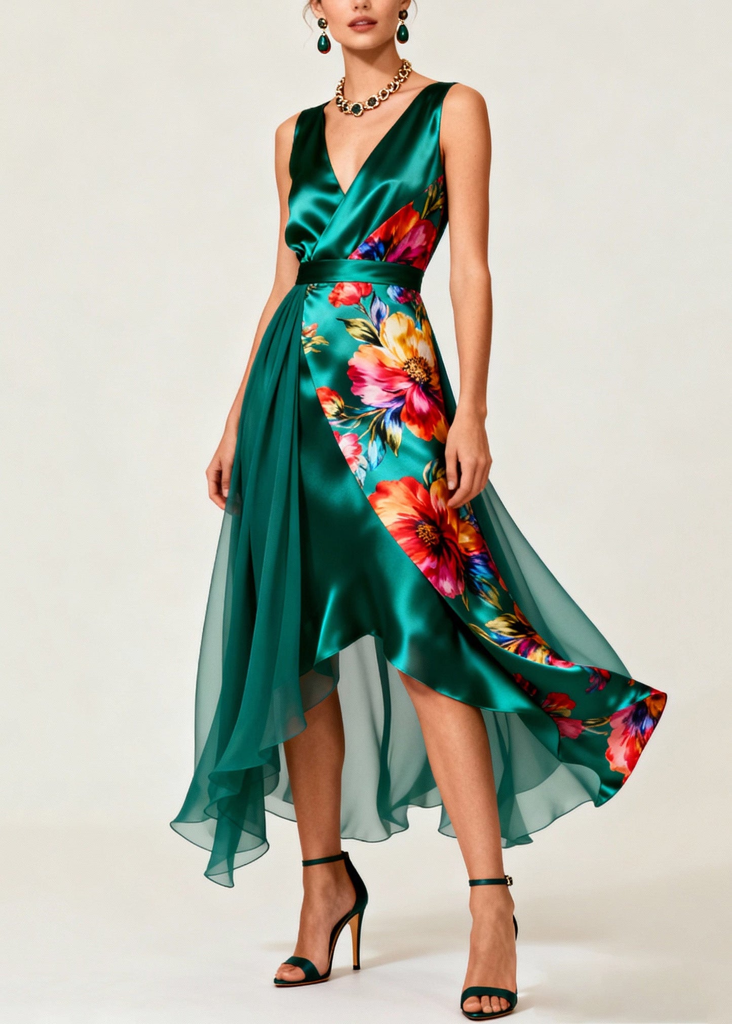 Boutique Green V Neck Print Patchwork Silk Dresses Sleeveless