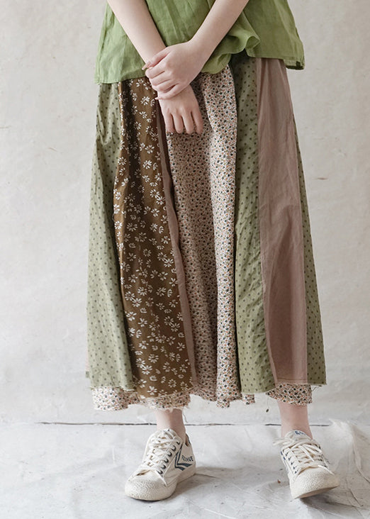 Boutique Grün elastische taille druck Patchwork Baumwolle Rock Frühling