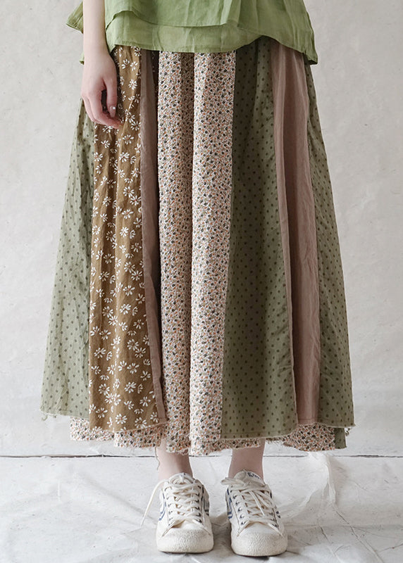 Boutique Grün elastische taille druck Patchwork Baumwolle Rock Frühling