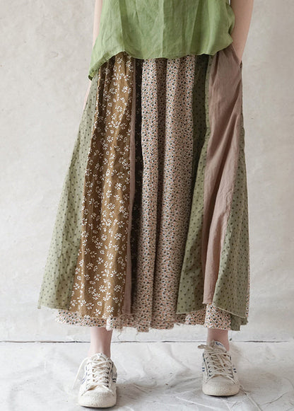 Boutique Grün elastische taille druck Patchwork Baumwolle Rock Frühling