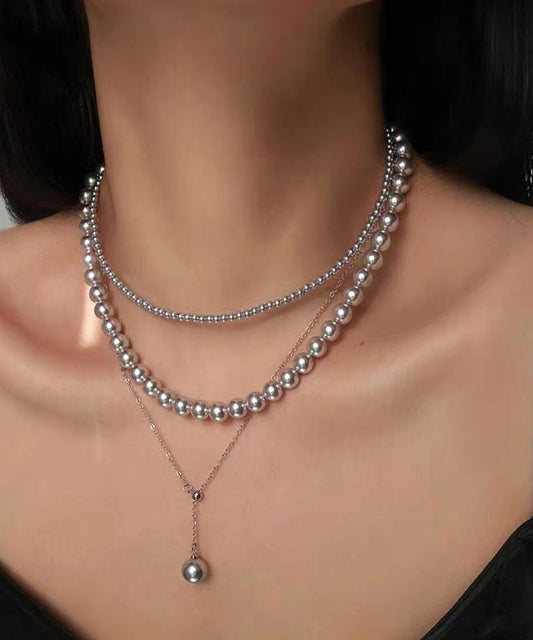 Boutique Grey Alloy Double-Layer Pearl Pendant Necklace