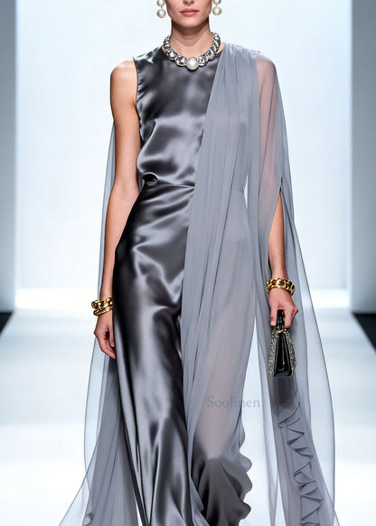 Boutique Grey Asymmetrical Design Patchwork Chiffon Dresses Summer