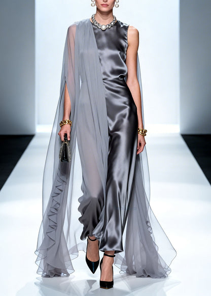Boutique Grey Asymmetrical Design Patchwork Chiffon Dresses Summer