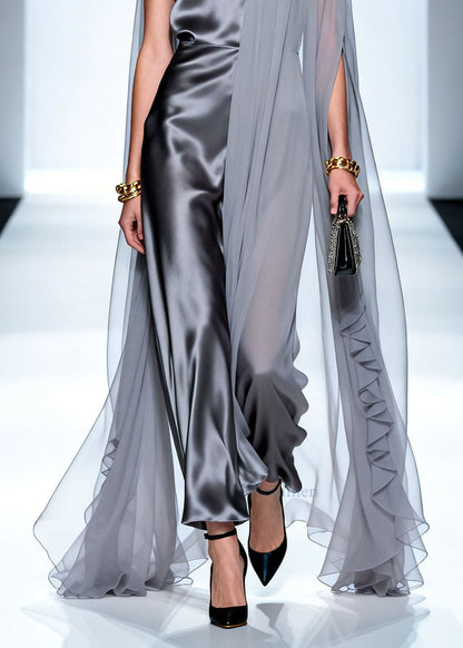 Boutique Grey Asymmetrical Design Patchwork Chiffon Dresses Summer