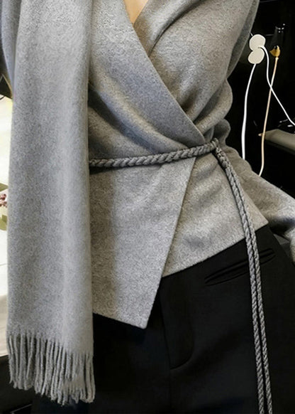 Boutique Grey Bow Tie Waist Solid Knit Sweaters Winter