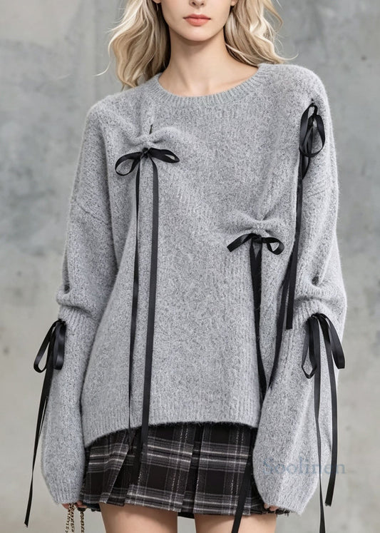 Boutique Grey O Neck Bow Lace Up Knit Sweaters Fall