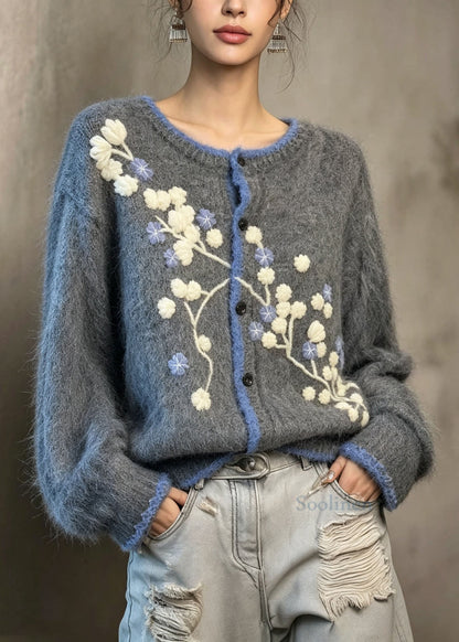 Boutique Grey O Neck Floral Embroidered Knit Coat Fall