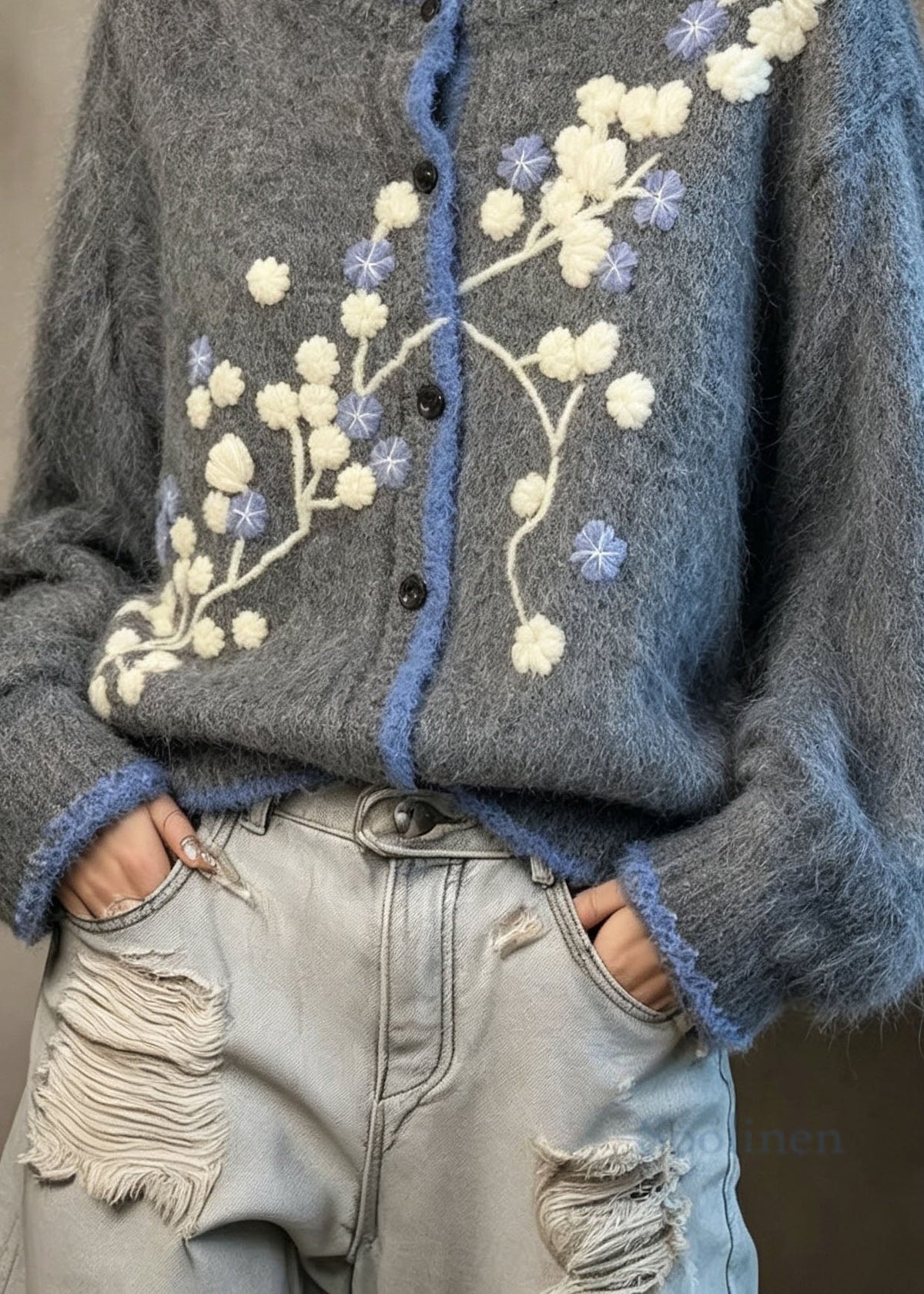 Boutique Grey O Neck Floral Embroidered Knit Coat Fall