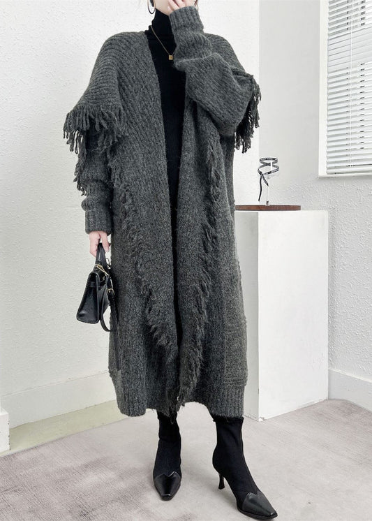 Boutique Grau Peter Pan Kragen Übergroße Quaste Strick Strickjacke Winter