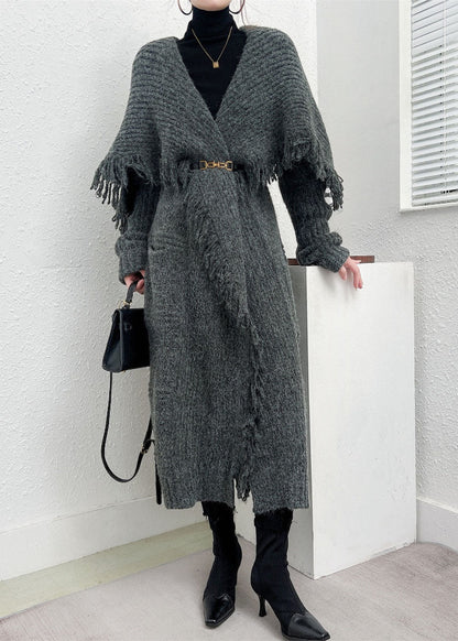 Boutique Grey Peter Pan Collar Oversized Tassel Knit Cardigan Winter